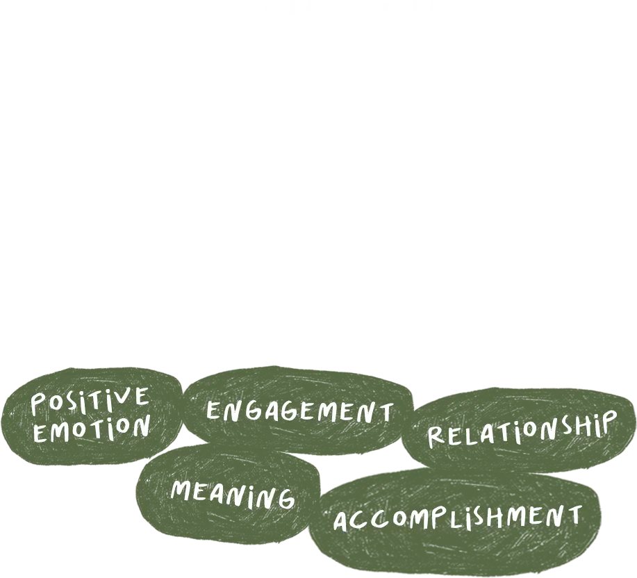 5 elemen positif: Positive Emotion, Engagement, Relationship, Meaning, Accomplishment